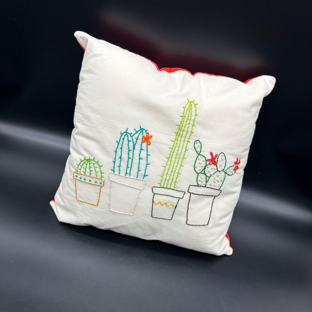 Throw Pillow Handmade Cactus Red Velvet Back Embroidered Square Decorative